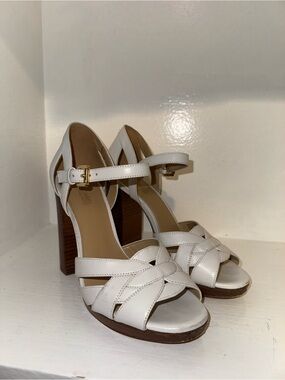 Michael Kors Annaliese White Leather Platform Block Heel Sandals Brown Heel 6M